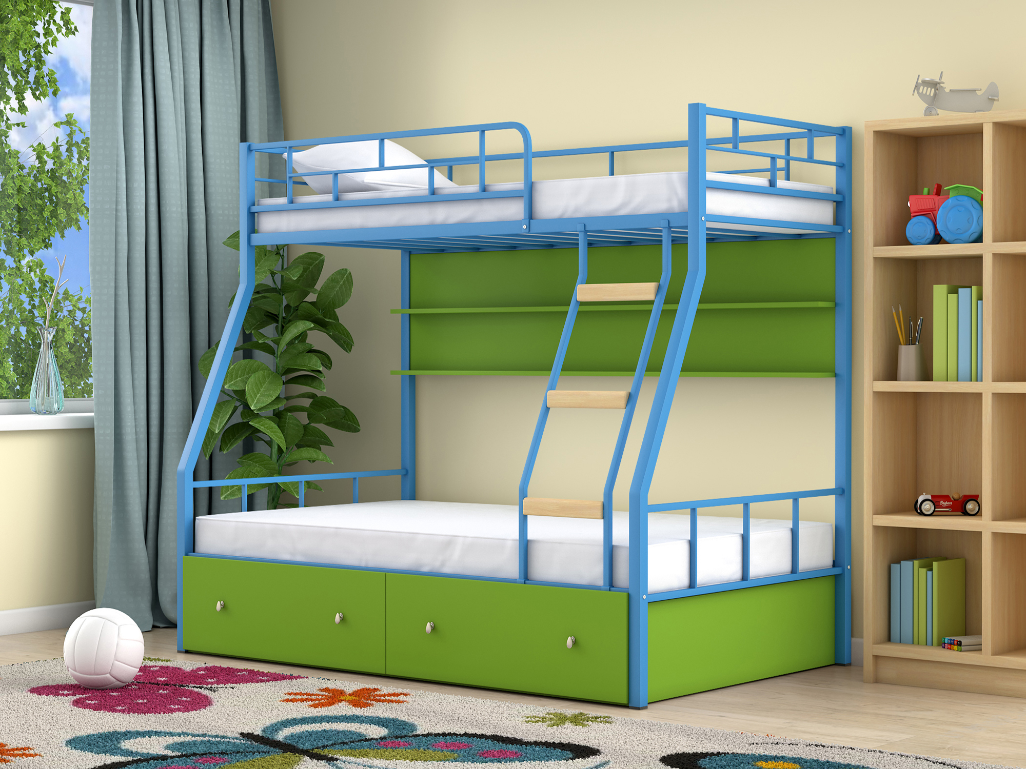 Двухъярусная кровать Радуга (90х190/120х190) Зеленый, Голубой, ЛДСП, Металл цена и фото