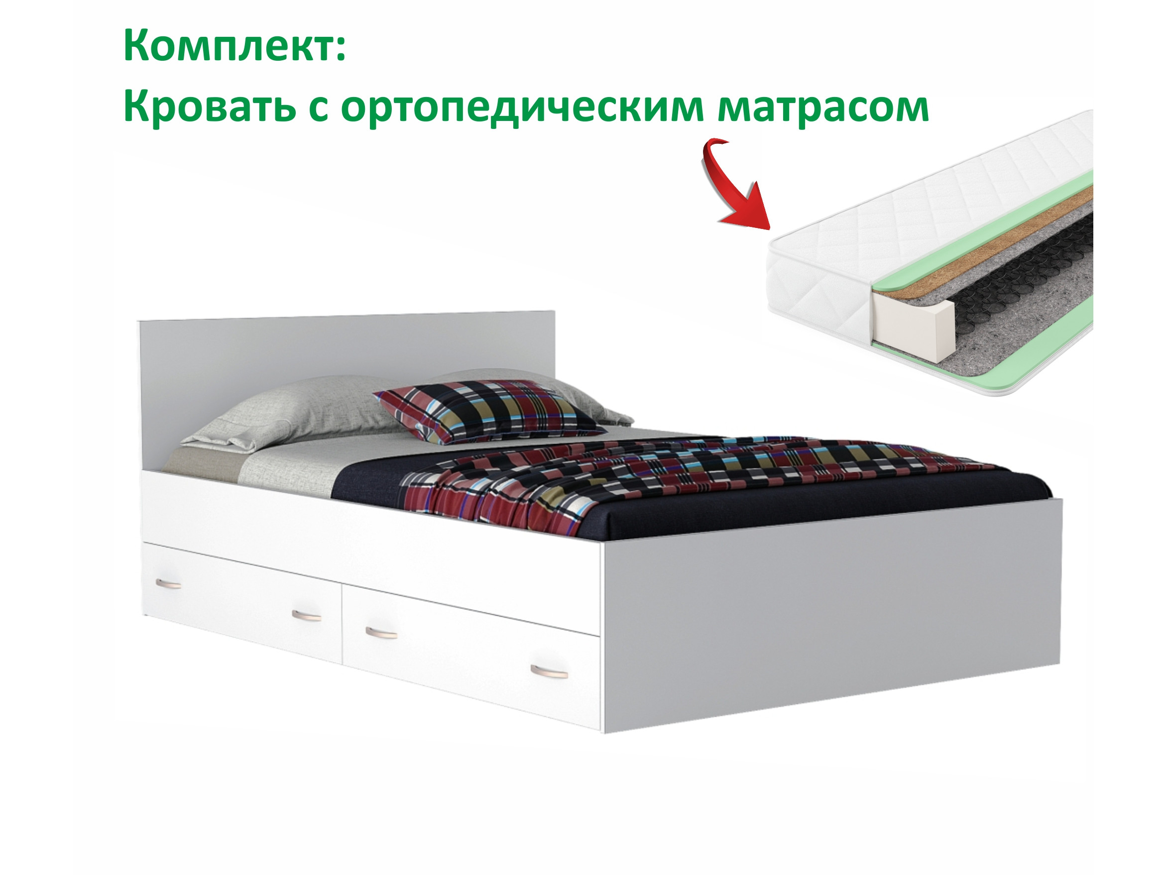 Кровать Виктория 1400 с ящиками белая с матрасом Promo B Cocos Белый, ЛДСП
