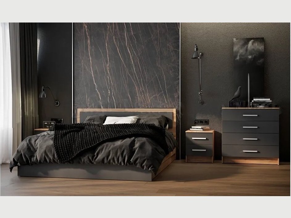 Модульная спальня Мартина, композиция 3 (Дуб крафт/ Графит) Бежевый, Черный, ЛДСП модульная спальня челси комплектация 1 графит графит графит черный лдсп