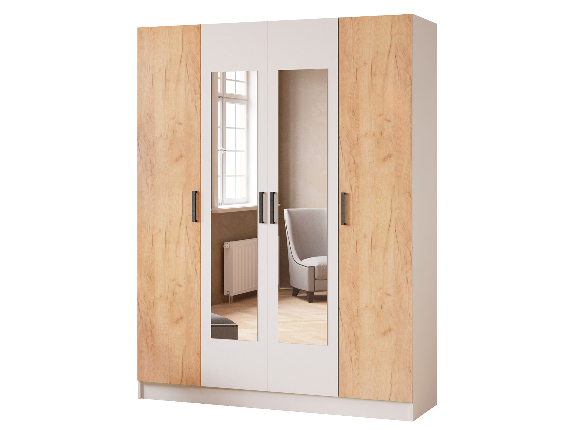Шкаф Ларс 4-х створчатый 1600 с зеркалом Белый с тиснением древесные шкаф 4 створчатый акцент 24 1600 × 523 × 2020 мм цвет белый цемент светлый