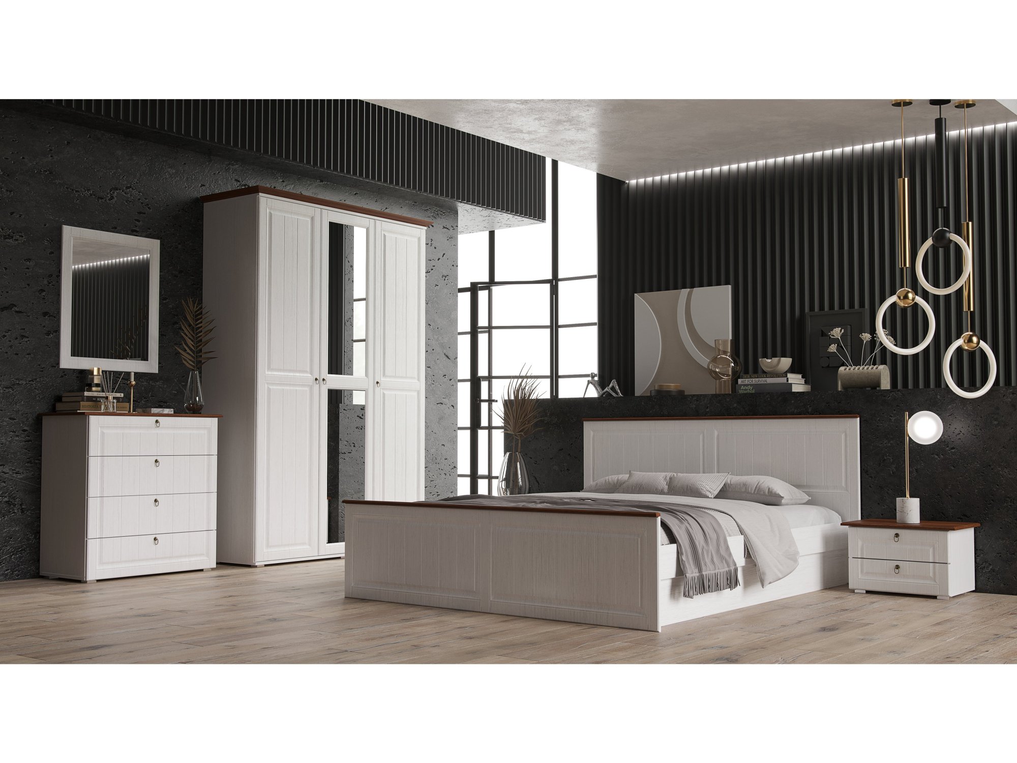 Модульная спальня Валенсия (Белый матовый / Орех) Белый, Коричневый, МДФ, ЛДСП модульная спальня магнолия орех коричневый лдсп