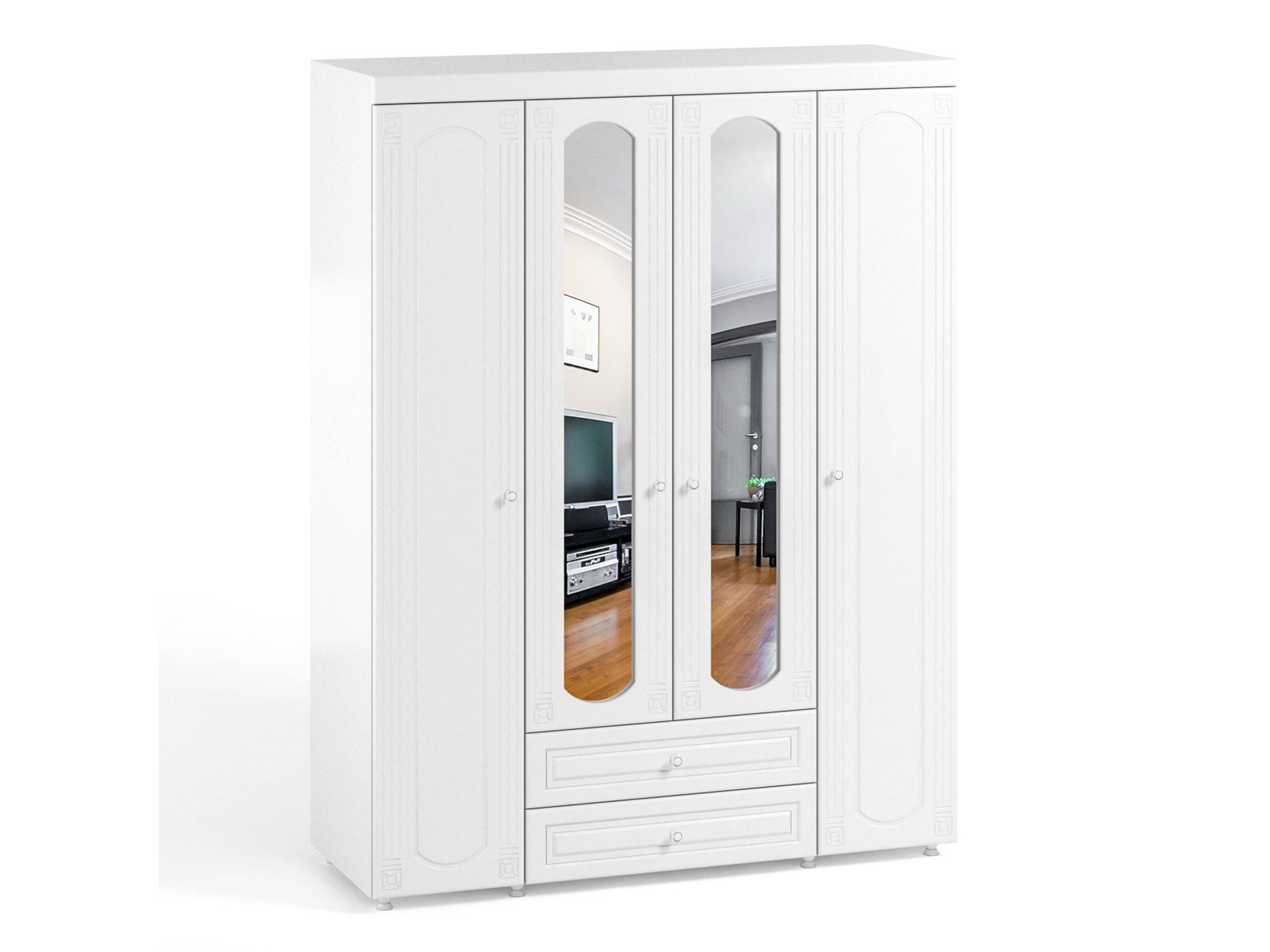 Шкаф 4-х дверный с ящиками и 2-я зеркалами Афина АФ-63 белое дерево Белое дерево, Белый, МДФ, ЛДСП цена и фото